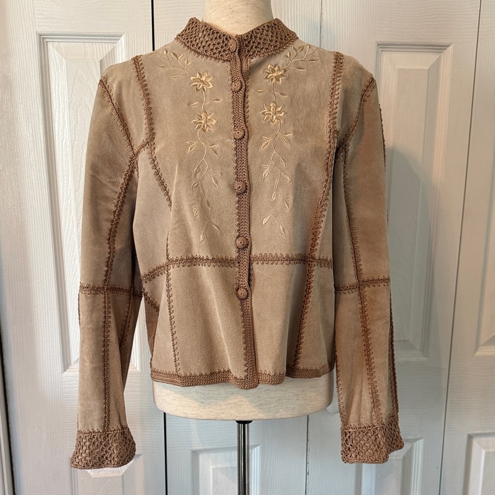 S.M.H. BOUTIQUE Brown Leather & Crochet Floral "Patchwork" Jacket Sz L